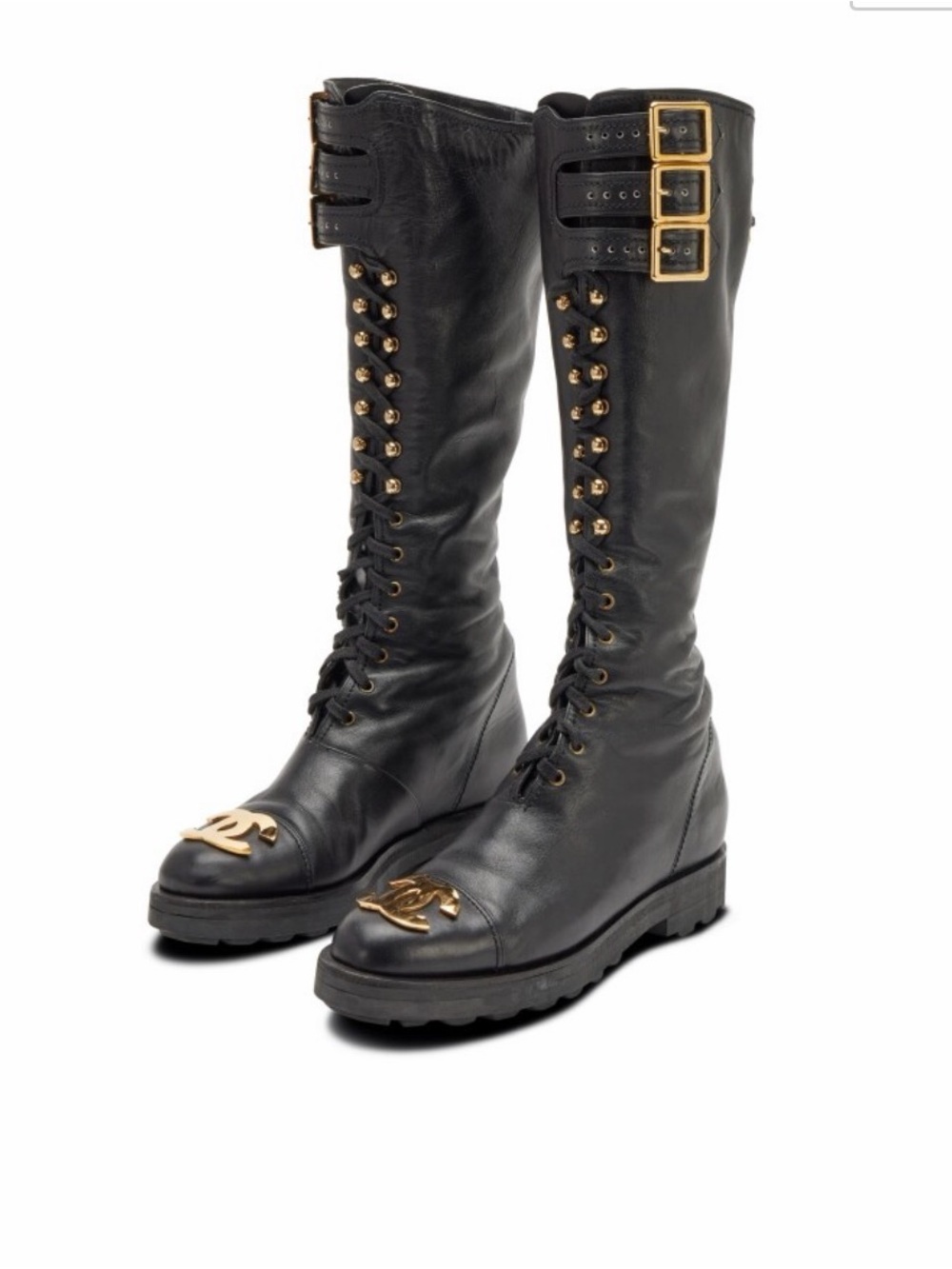 Vintage Chanel black leather tall combat boots